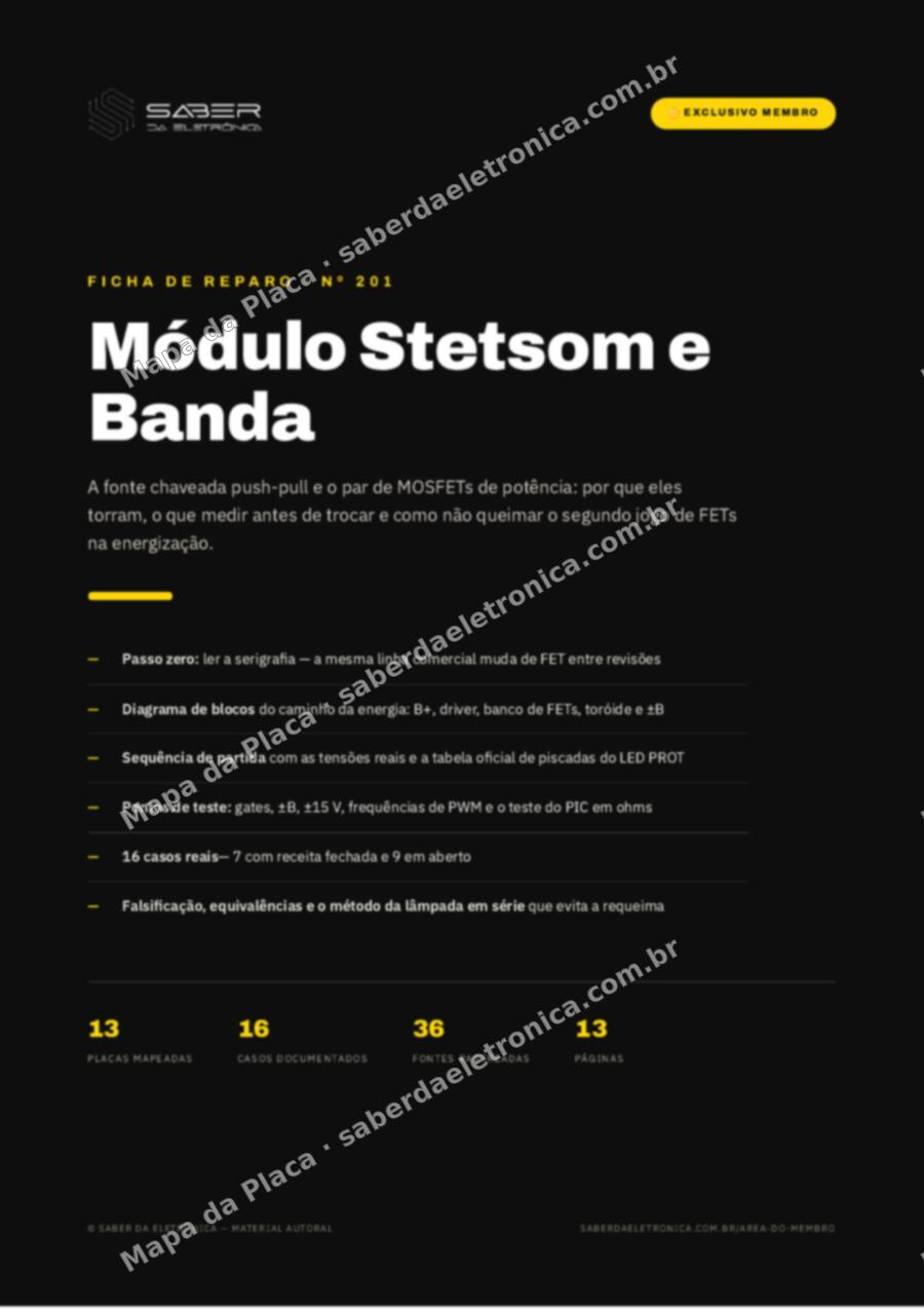 Capa da Ficha de Reparo Nº 201: Módulo Stetsom e Banda — fonte chaveada e o par de MOSFETs — Ficha de Reparo da placa