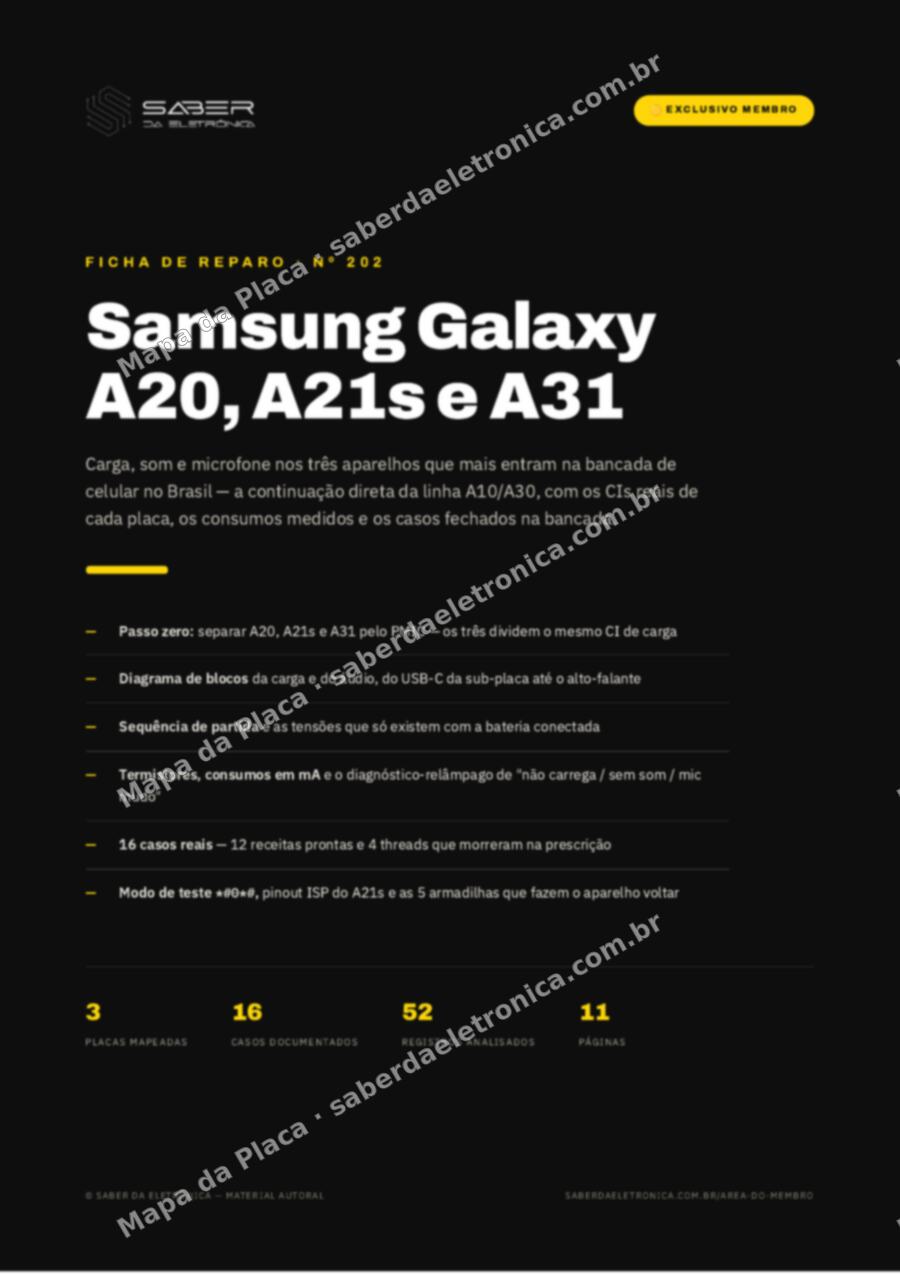 Capa da Ficha de Reparo Nº 202: Samsung Galaxy A20, A21s e A31 — carga, som e microfone — Ficha de Reparo da placa