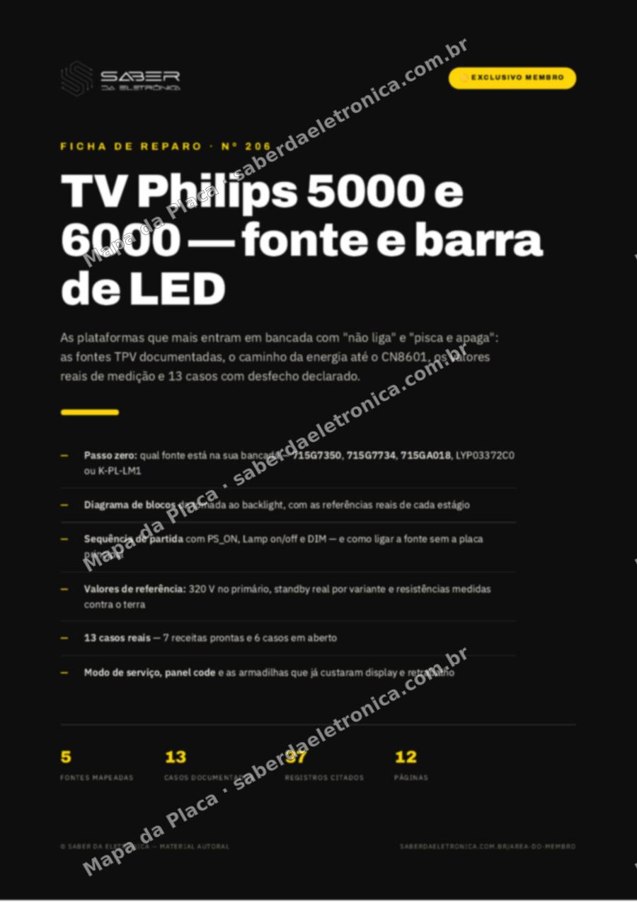 Capa da Ficha de Reparo Nº 206: TV Philips série 5000 e 6000 — fonte e barra de LED — Ficha de Reparo da placa