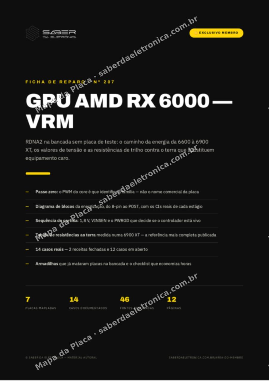 Capa da Ficha de Reparo Nº 207: GPU AMD RX 6000 — VRM e o diagnóstico sem placa de teste — Ficha de Reparo da placa