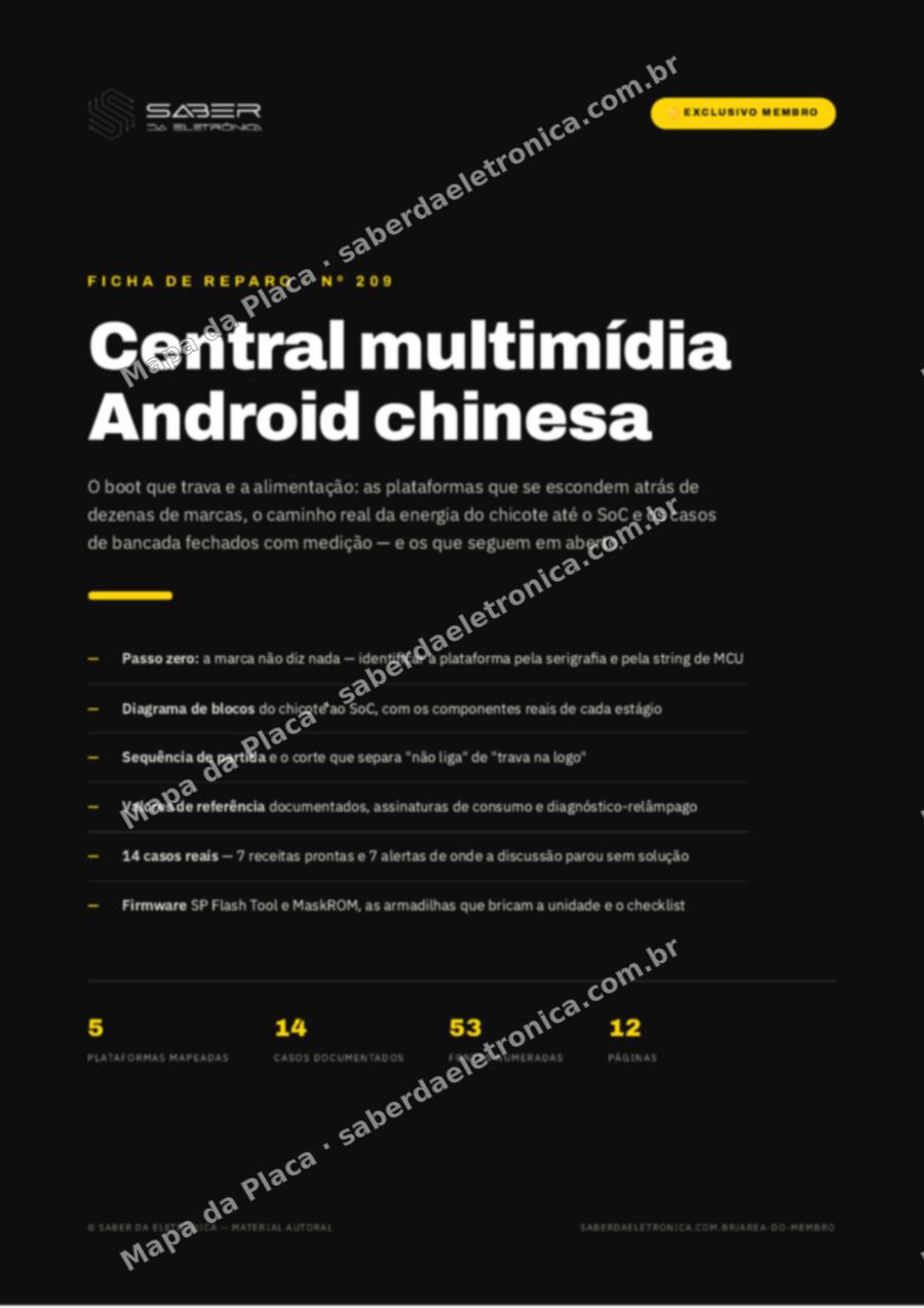 Capa da Ficha de Reparo Nº 209: Central multimídia Android chinesa — o boot que trava e a alimentação — Ficha de Reparo da placa