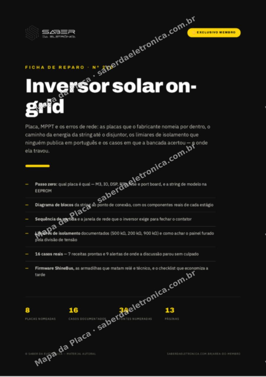 Capa da Ficha de Reparo Nº 210: Inversor solar on-grid — placa, MPPT e os erros de rede — Ficha de Reparo da placa