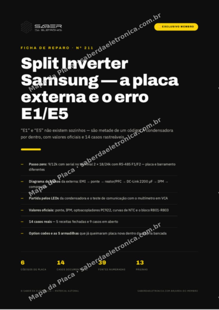 Capa da Ficha de Reparo Nº 211: Split Inverter Samsung — placa externa e o erro E1/E5 de comunicação — Ficha de Reparo da placa