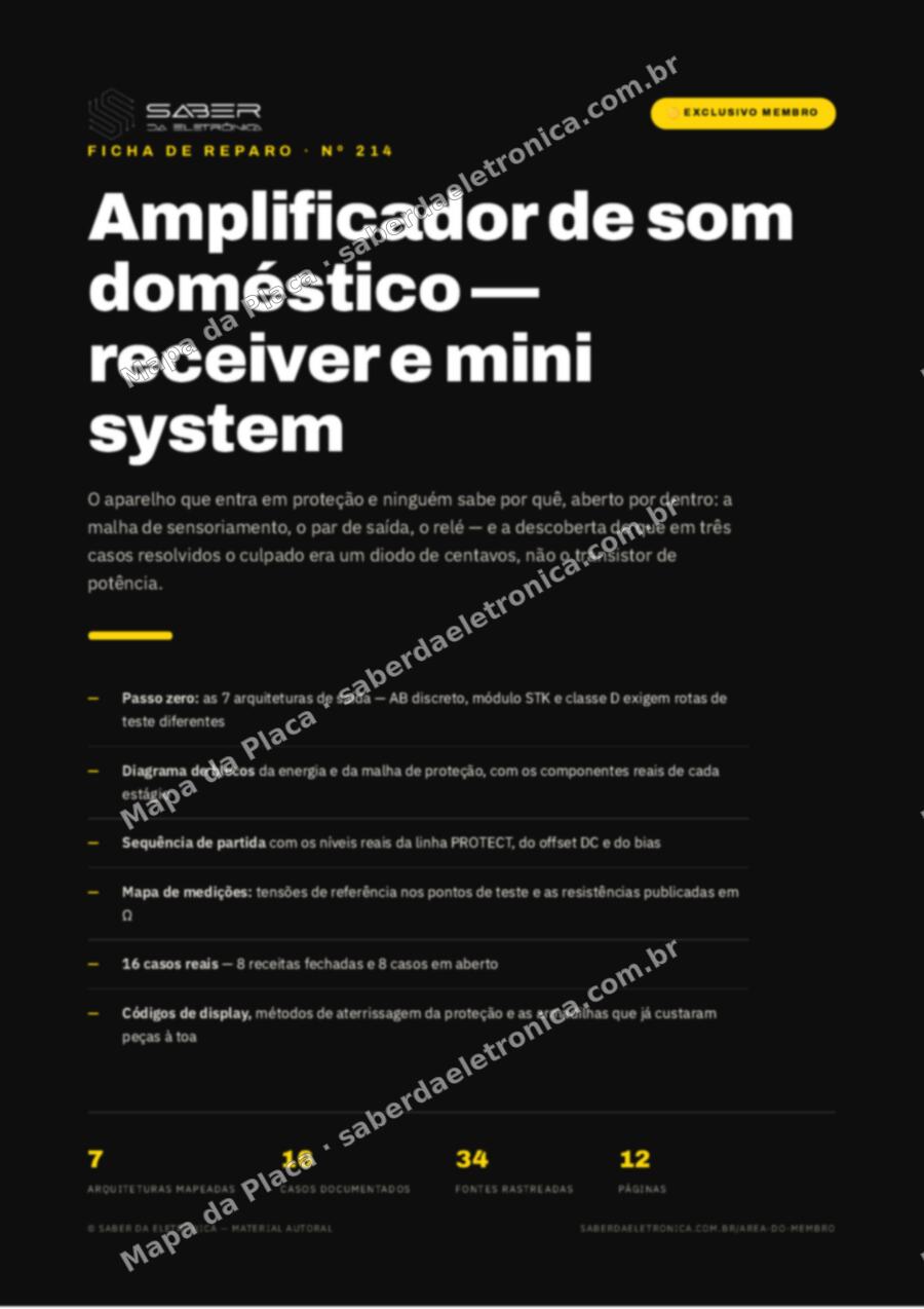 Capa da Ficha de Reparo Nº 214: Amplificador de som doméstico — receiver e mini system — Ficha de Reparo da placa