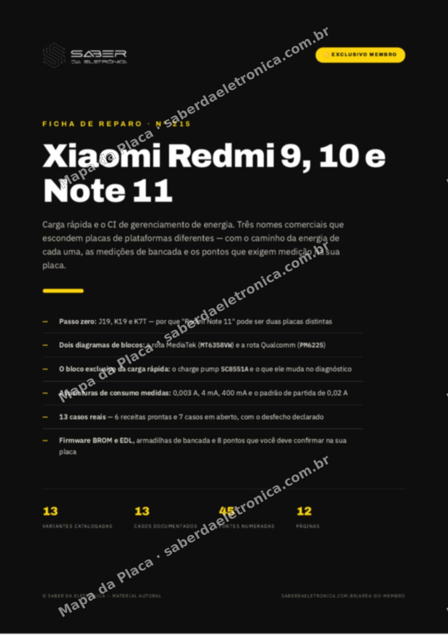 Capa da Ficha de Reparo Nº 215: Xiaomi Redmi 9, 10 e Note 11 — carga rápida e o CI de gerenciamento — Ficha de Reparo da placa