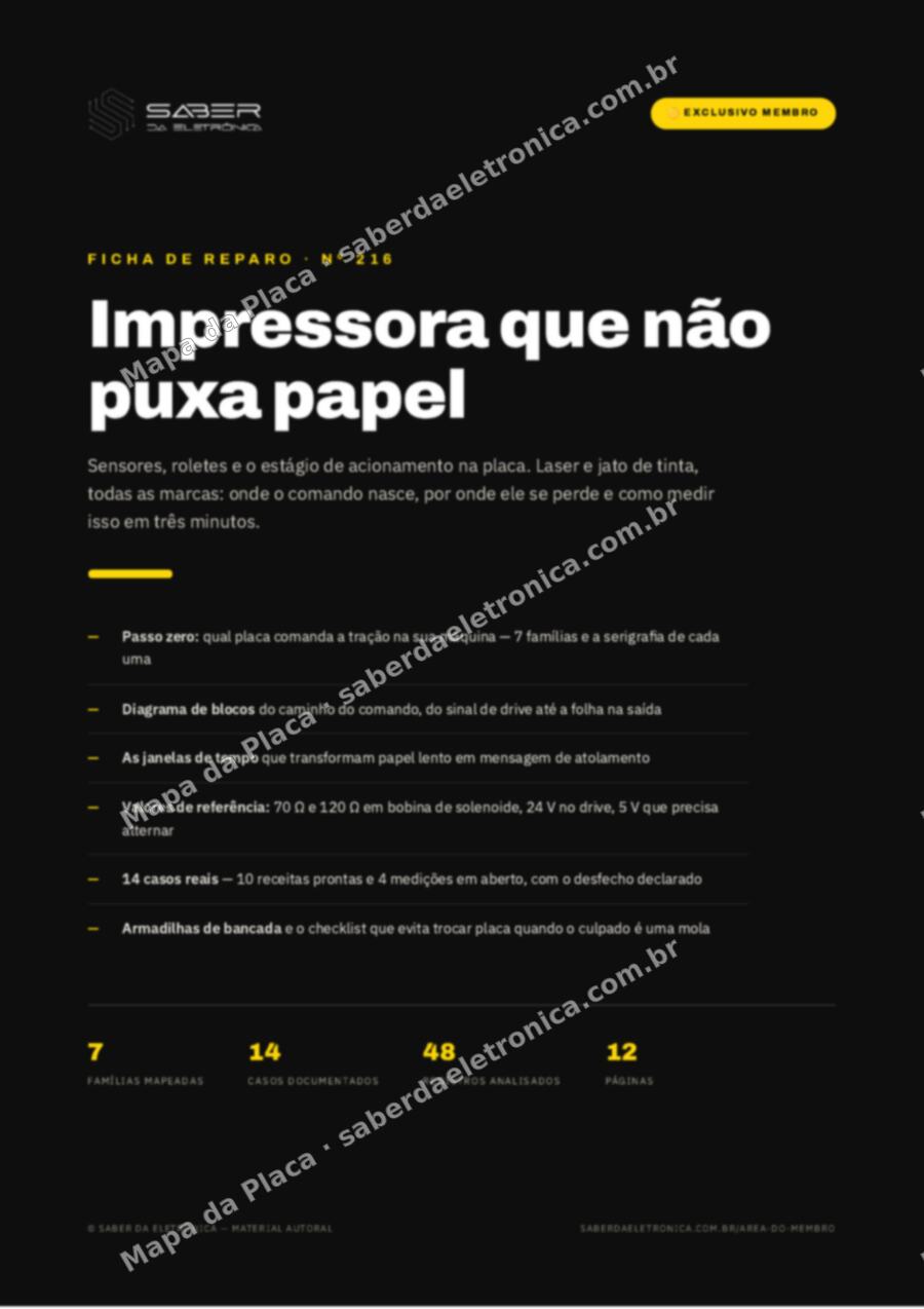 Capa da Ficha de Reparo Nº 216: Impressora que não puxa papel — sensores, roletes e o comando — Ficha de Reparo da placa