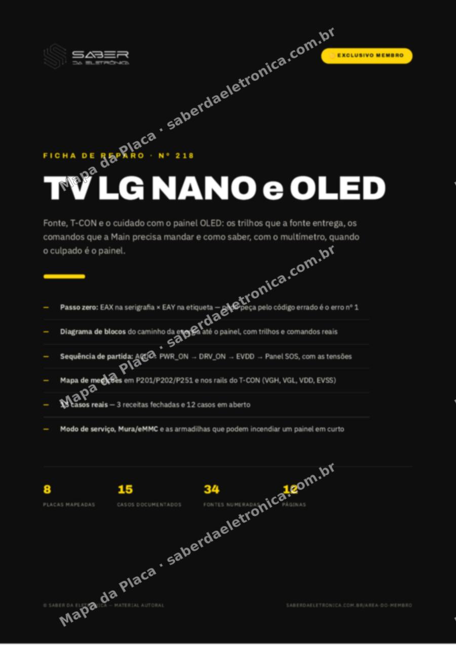 Capa da Ficha de Reparo Nº 218: TV LG NANO e OLED — fonte, T-CON e o cuidado com o painel OLED — Ficha de Reparo da placa