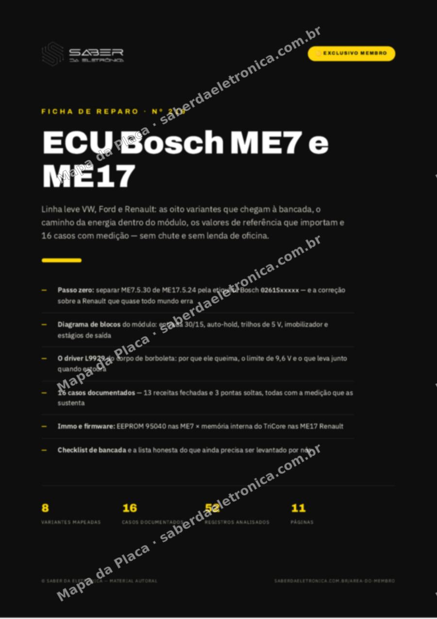 Capa da Ficha de Reparo Nº 219: ECU Bosch ME7 e ME17 — linha leve VW, Ford e Renault — Ficha de Reparo da placa