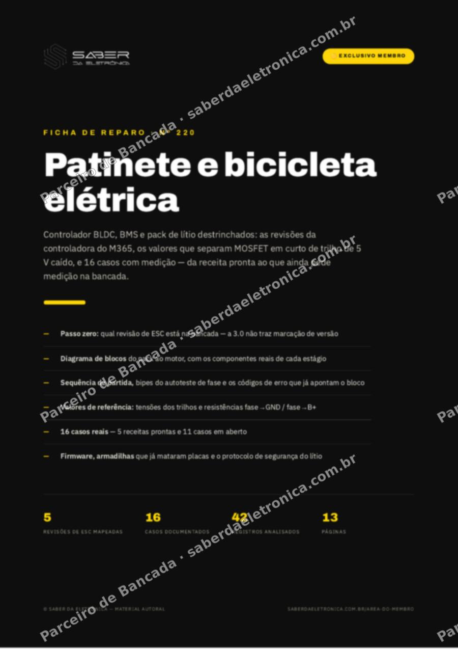 Capa da Ficha de Reparo Nº 220: Patinete e bicicleta elétrica — controlador, BMS e bateria — Ficha de Reparo da placa