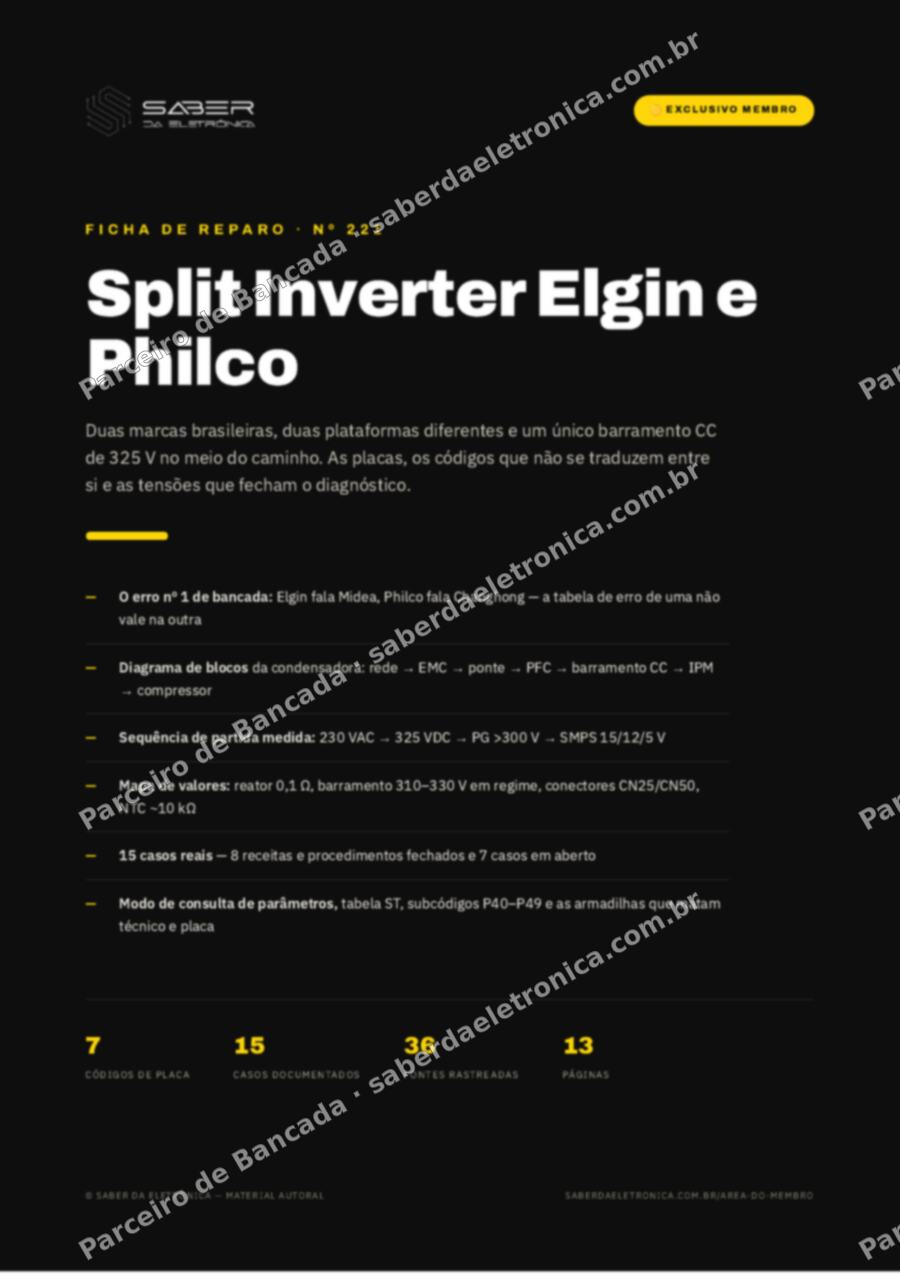 Capa da Ficha de Reparo Nº 221: Split Inverter Elgin e Philco — placas nacionais e o barramento CC — Ficha de Reparo da placa