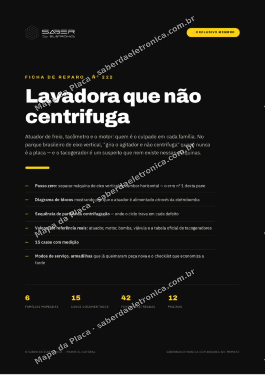 Capa da Ficha de Reparo Nº 222: Lavadora que não centrifuga — atuador de freio, tacômetro e o motor — Ficha de Reparo da placa