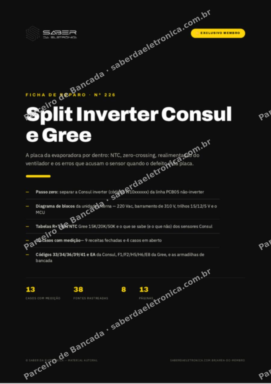 Capa da Ficha de Reparo Nº 226: Split Inverter Consul e Gree — placa da evaporadora e sensores NTC — Ficha de Reparo da placa