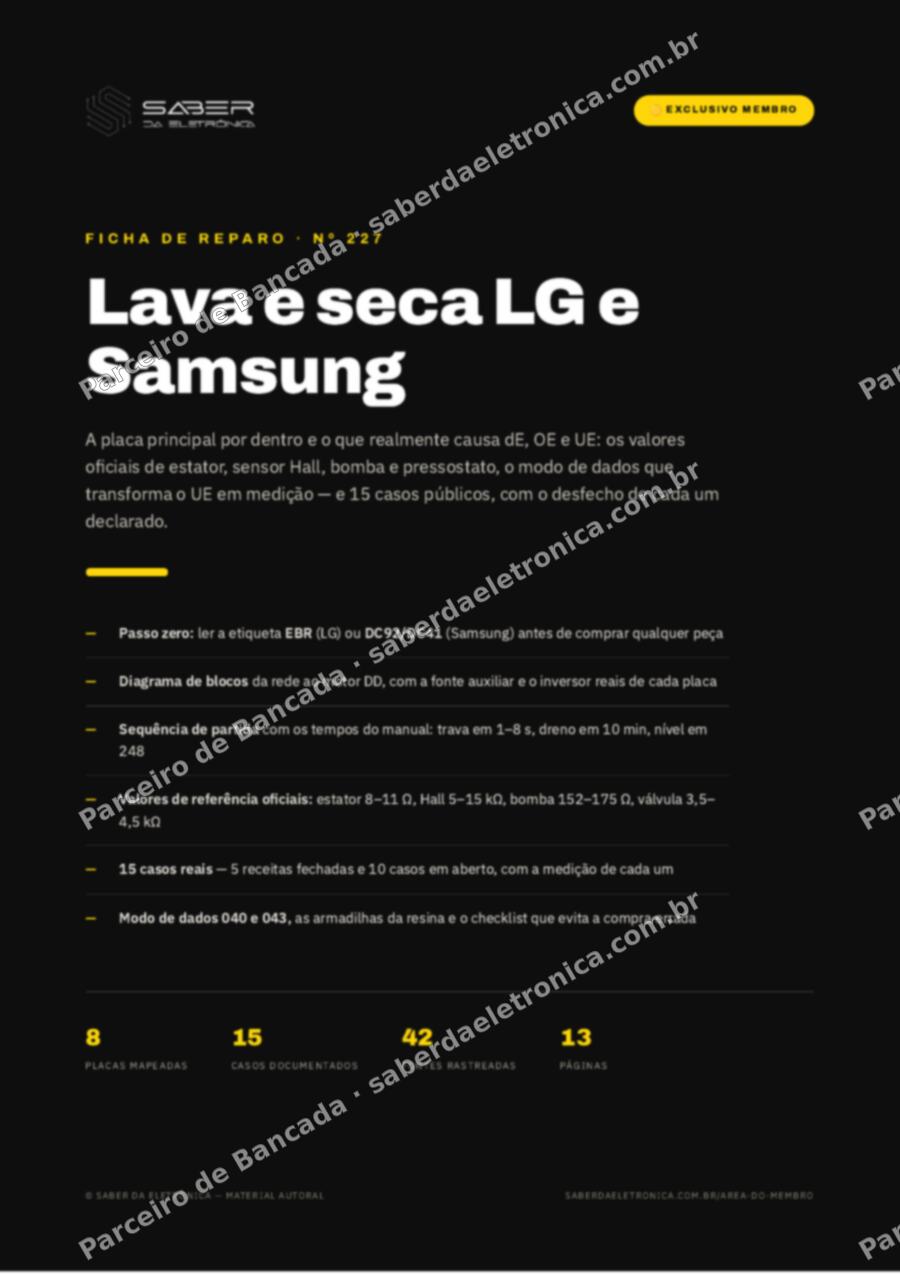 Capa da Ficha de Reparo Nº 227: Lava e seca LG e Samsung — placa principal e os erros dE, OE, UE — Ficha de Reparo da placa