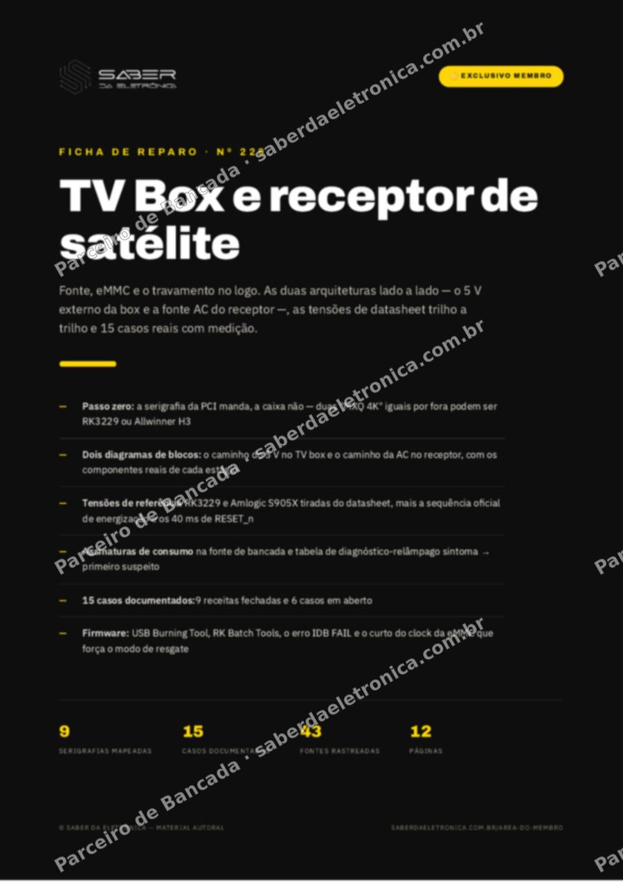 Capa da Ficha de Reparo Nº 229: TV Box e receptor de satélite — fonte, eMMC e o travamento no logo — Ficha de Reparo da placa