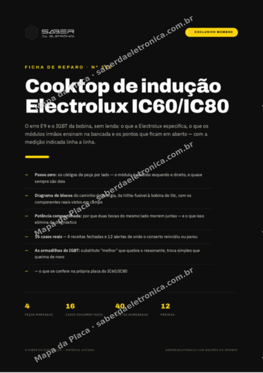Capa da Ficha de Reparo Nº 230: Cooktop de indução Electrolux IC60/IC80 — erro E9 e o IGBT da bobina — Ficha de Reparo da placa