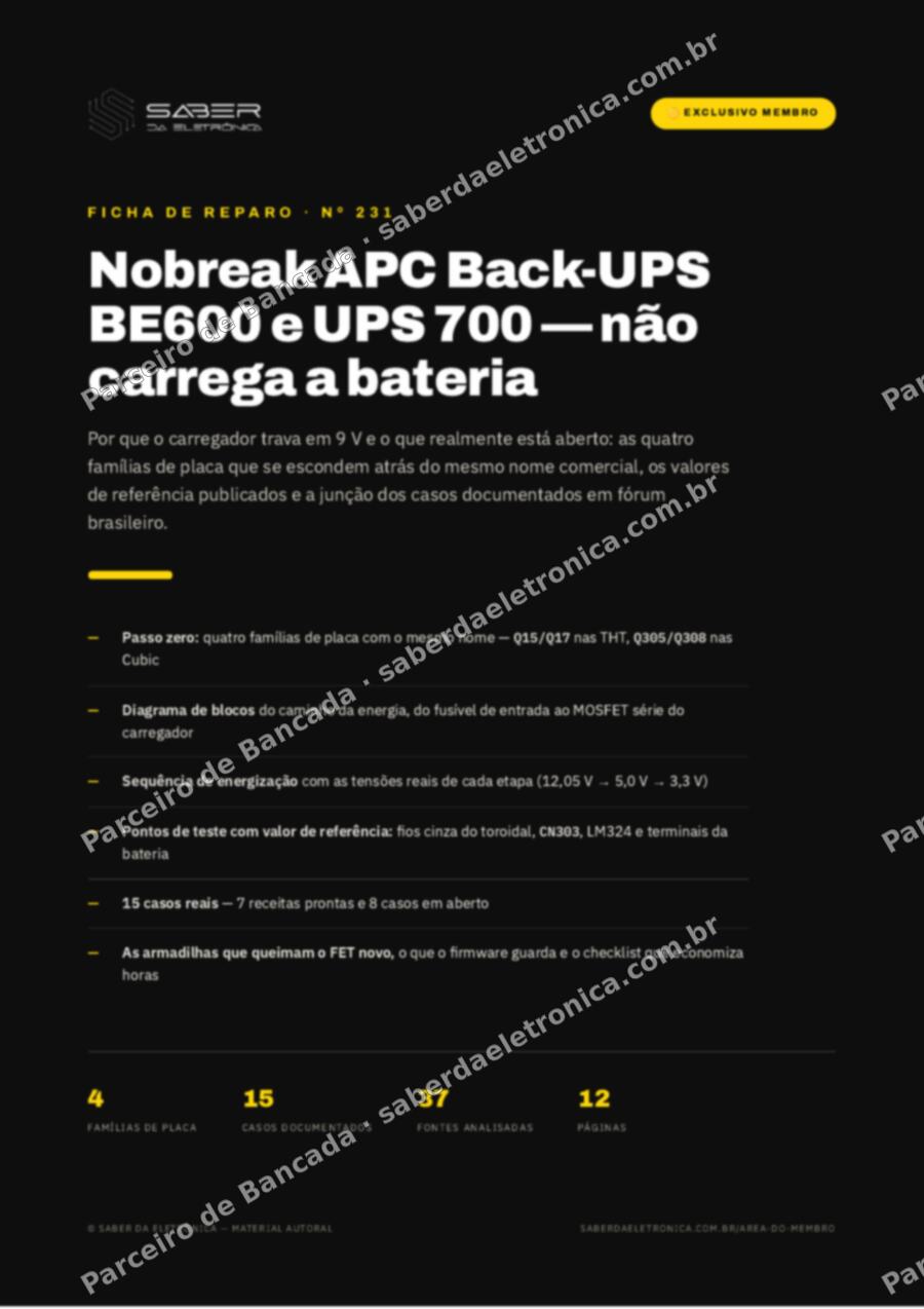 Capa da Ficha de Reparo Nº 231: Nobreak APC Back-UPS BE600 e UPS 700 — não carrega a bateria — Ficha de Reparo da placa
