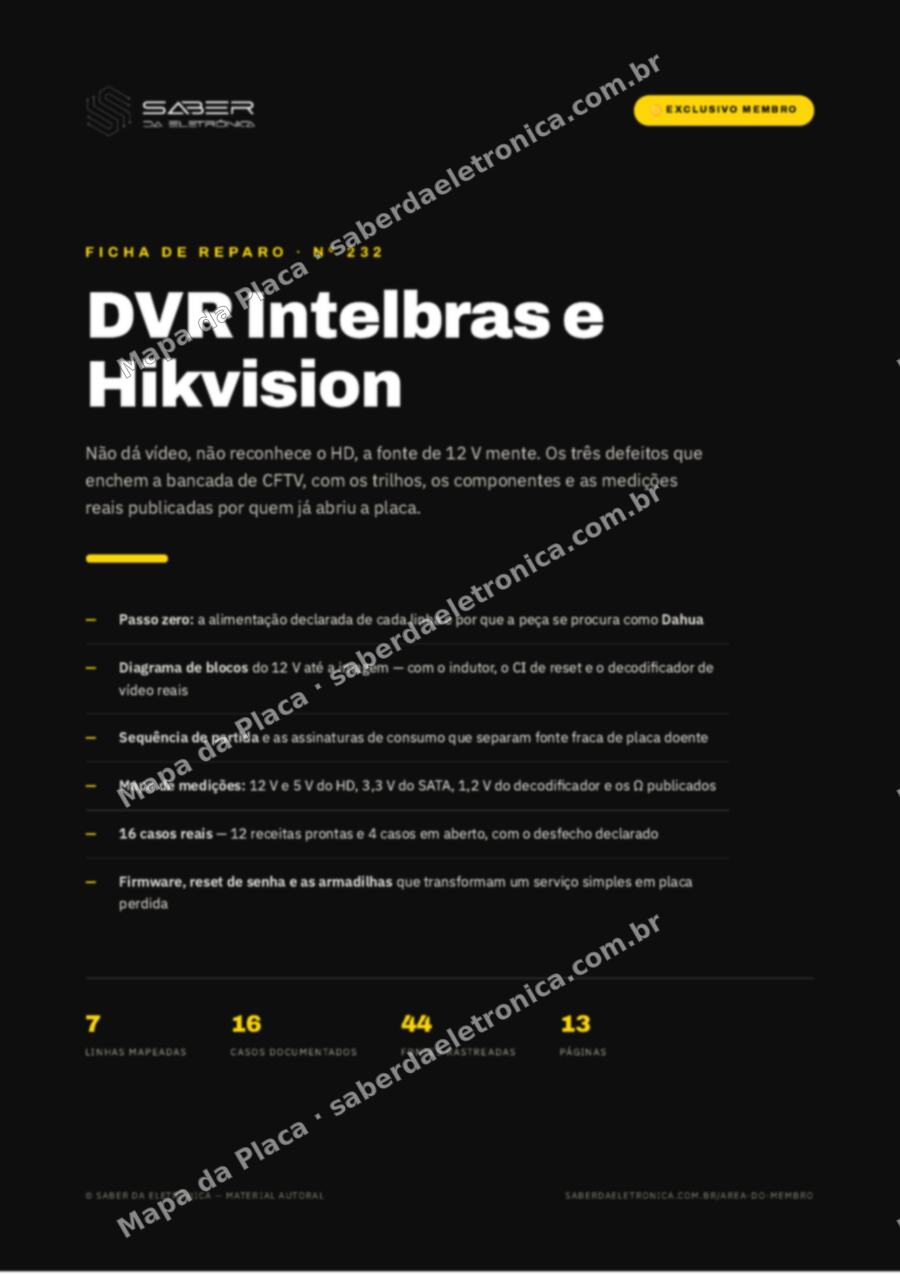 Capa da Ficha de Reparo Nº 232: DVR Intelbras e Hikvision — não dá vídeo, HD e a fonte — Ficha de Reparo da placa
