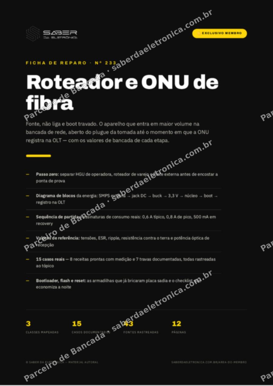 Capa da Ficha de Reparo Nº 233: Roteador e ONU de fibra — fonte, não liga e o boot — Ficha de Reparo da placa