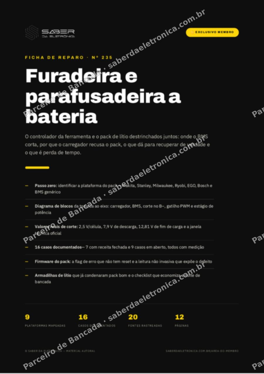 Capa da Ficha de Reparo Nº 235: Furadeira e parafusadeira a bateria — controlador e o pack de lítio — Ficha de Reparo da placa