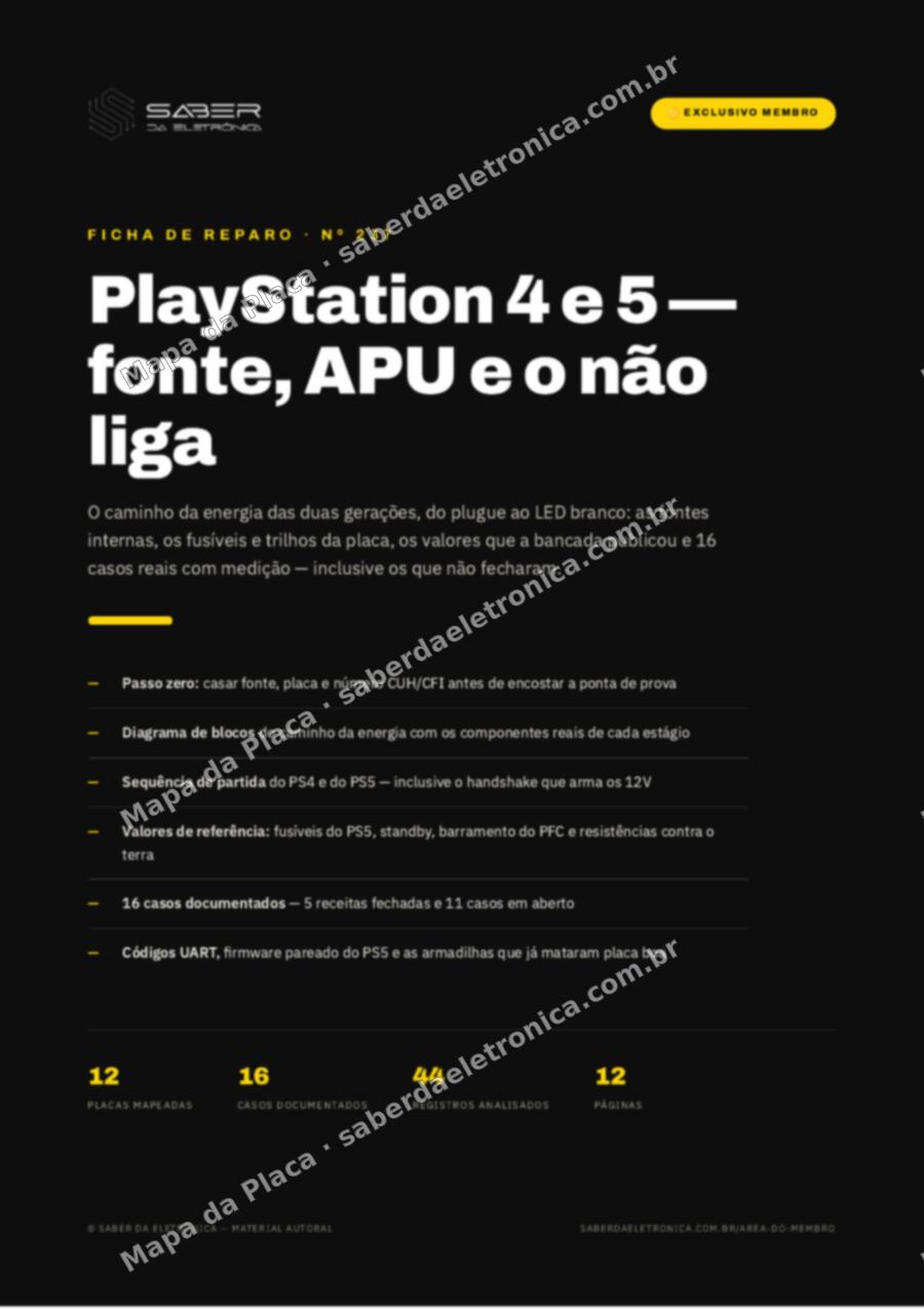 Capa da Ficha de Reparo Nº 237: PlayStation 4 e 5 — fonte, APU e o não liga — Ficha de Reparo da placa