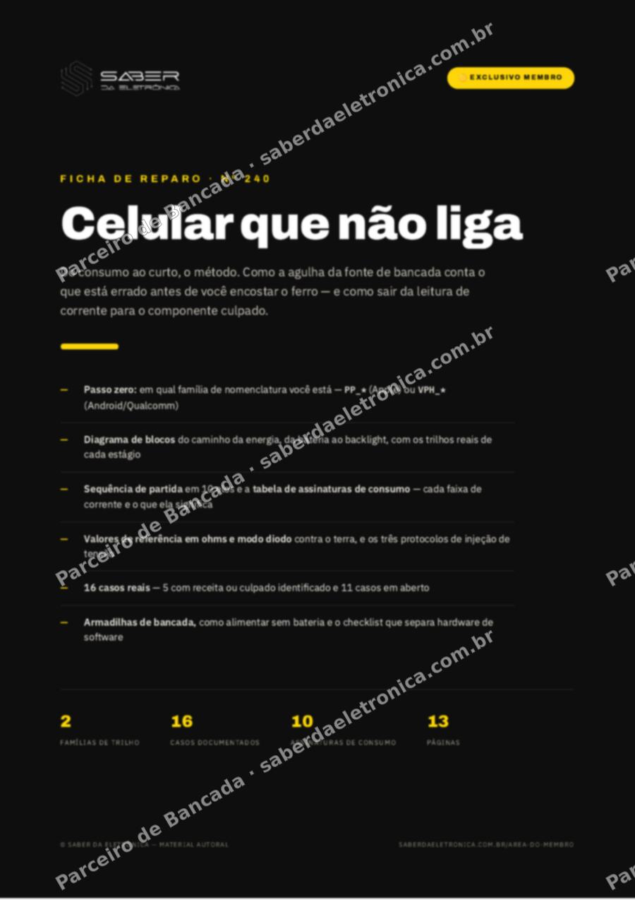 Capa da Ficha de Reparo Nº 240: Celular que não liga — do consumo ao curto, o método — Ficha de Reparo da placa