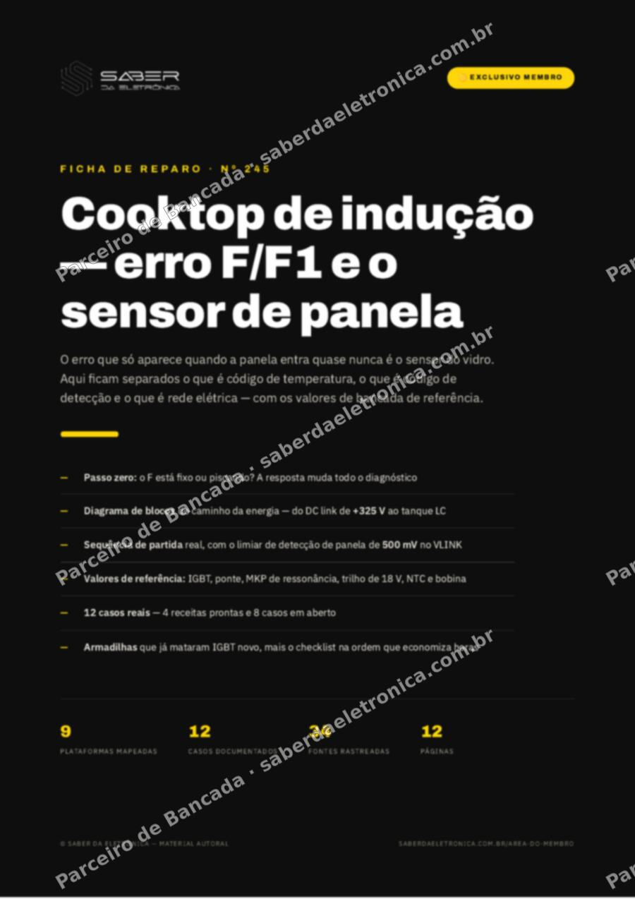 Capa da Ficha de Reparo Nº 245: Cooktop de indução — erro F/F1 e o sensor de panela — Ficha de Reparo da placa