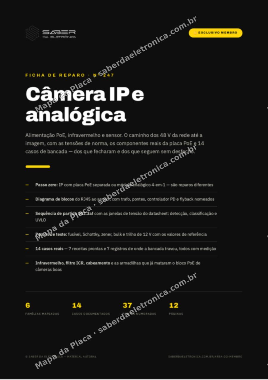 Capa da Ficha de Reparo Nº 247: Câmera IP e analógica — alimentação PoE, infravermelho e sensor — Ficha de Reparo da placa