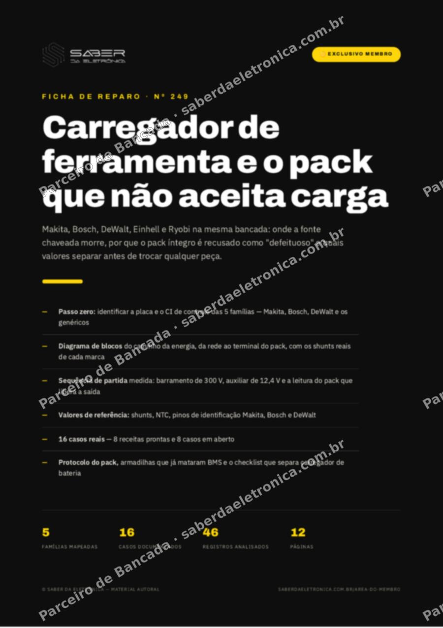 Capa da Ficha de Reparo Nº 249: Carregador de ferramenta e o pack que não aceita carga — Ficha de Reparo da placa