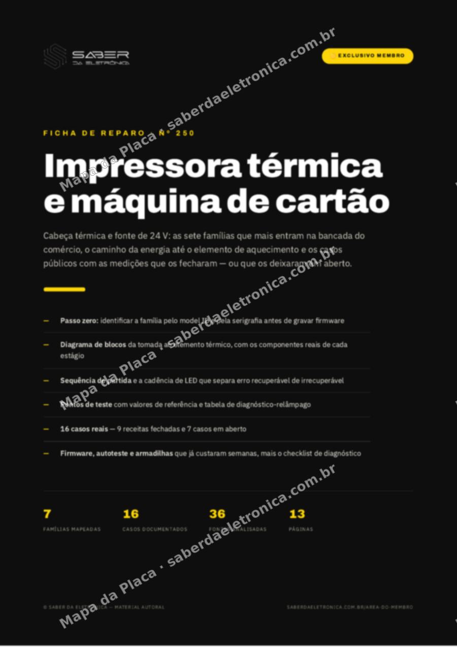 Capa da Ficha de Reparo Nº 250: Impressora térmica e máquina de cartão — cabeça térmica e fonte — Ficha de Reparo da placa