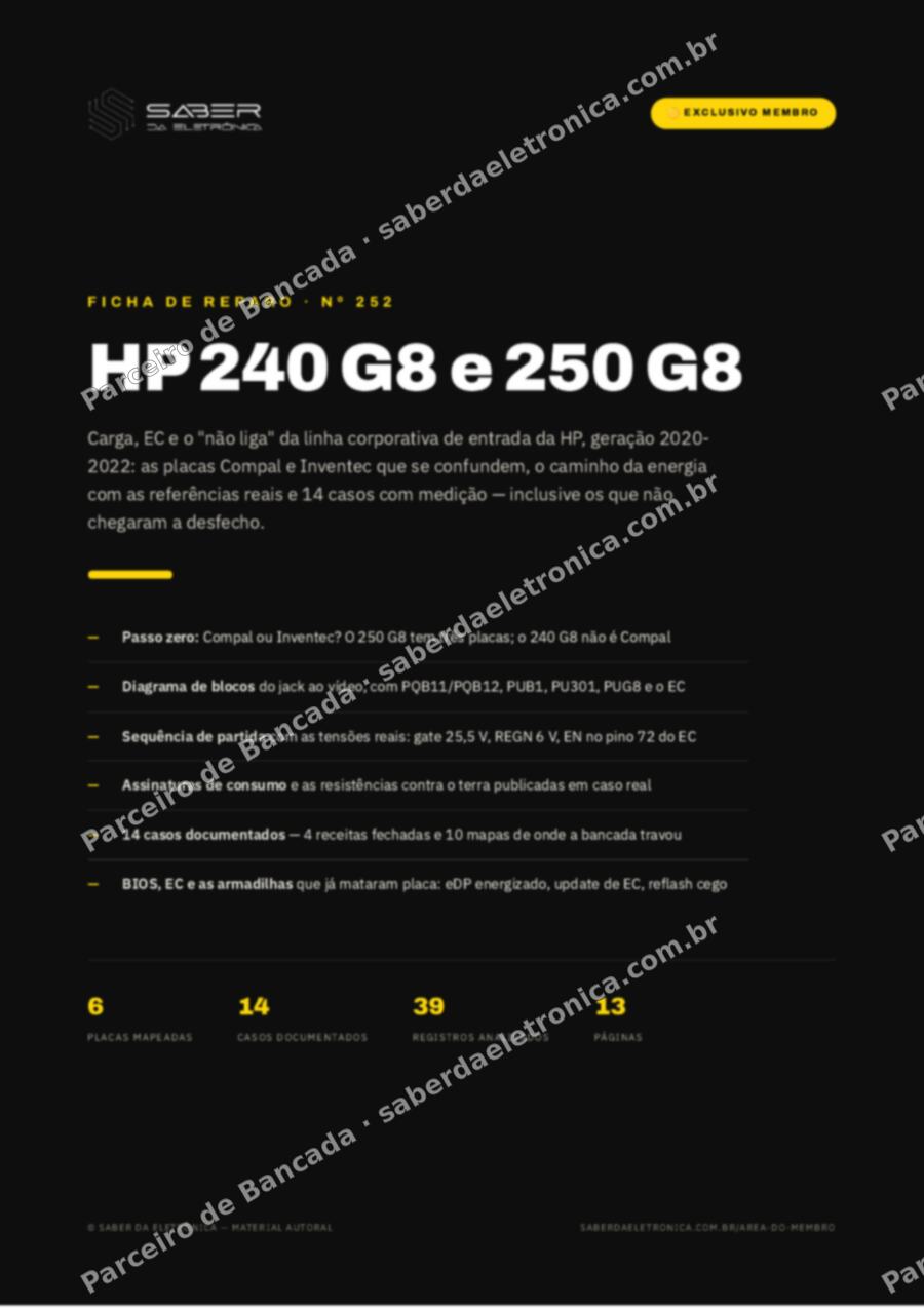 Capa da Ficha de Reparo Nº 252: HP 240 G8 e 250 G8 — carga, EC e o não liga — Ficha de Reparo da placa
