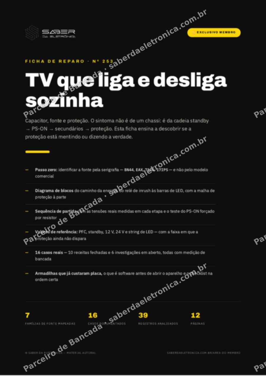 Capa da Ficha de Reparo Nº 253: TV que liga e desliga sozinha — capacitor, fonte e proteção — Ficha de Reparo da placa