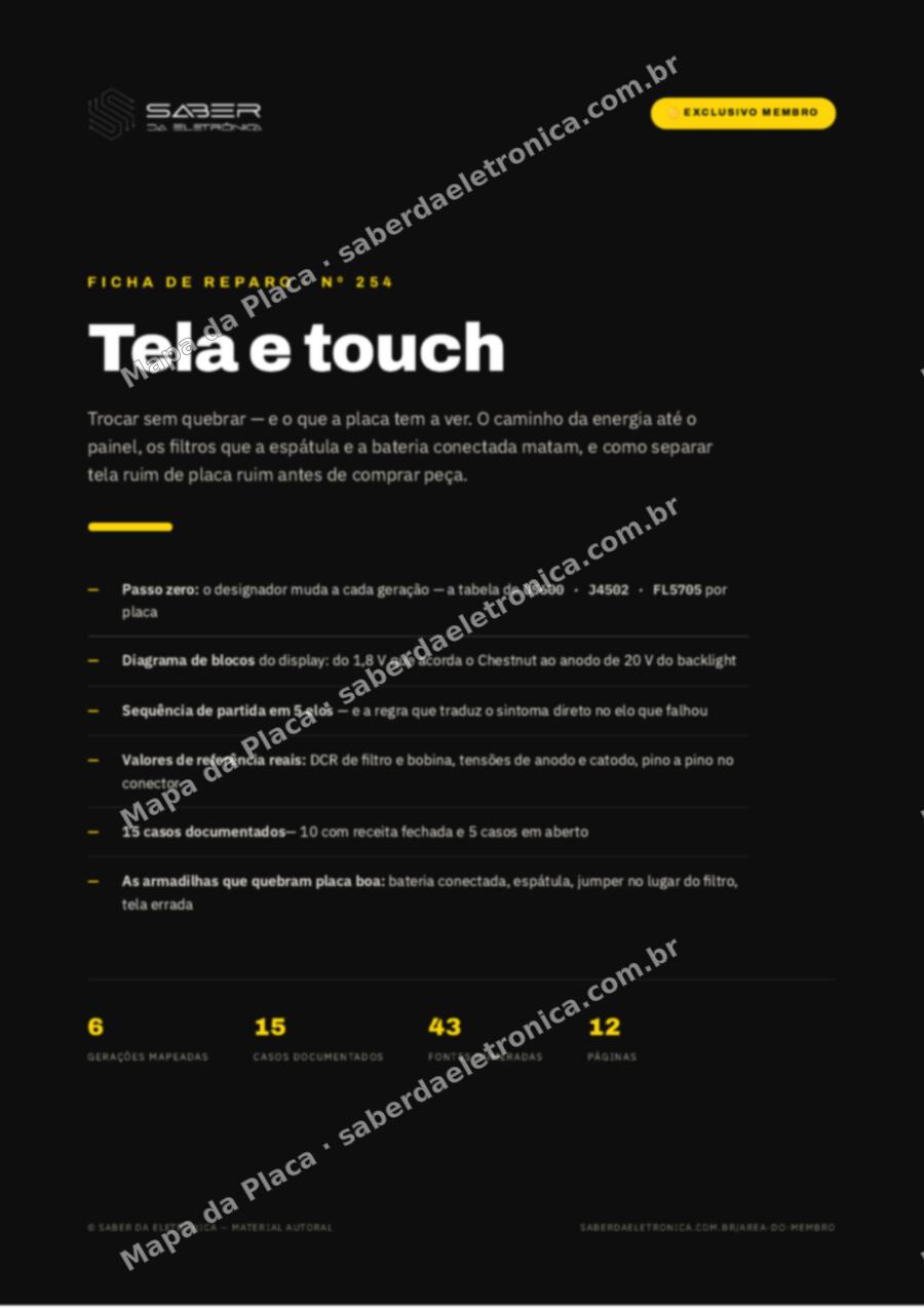 Capa da Ficha de Reparo Nº 254: Tela e touch — trocar sem quebrar, e o que a placa tem a ver — Ficha de Reparo da placa