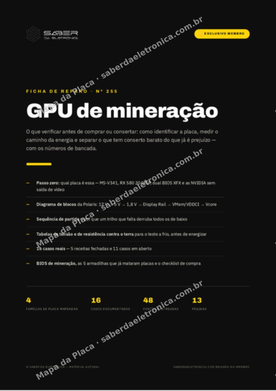 Capa da Ficha de Reparo Nº 255: GPU de mineração — o que verificar antes de comprar ou consertar — Ficha de Reparo da placa