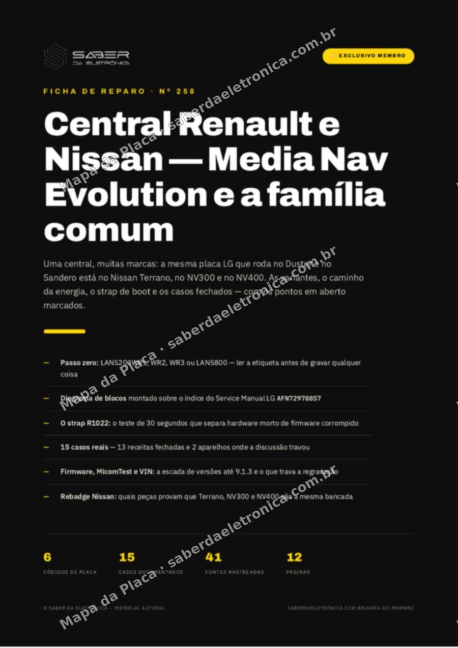 Capa da Ficha de Reparo Nº 258: Central Renault e Nissan — Media Nav Evolution e a família comum — Ficha de Reparo da placa