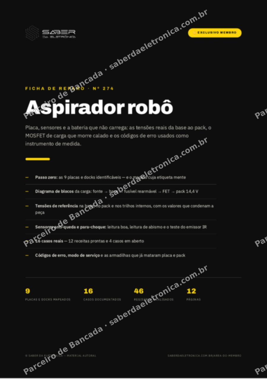 Capa da Ficha de Reparo Nº 274: Aspirador robô — placa, sensores e a bateria que não carrega — Ficha de Reparo da placa