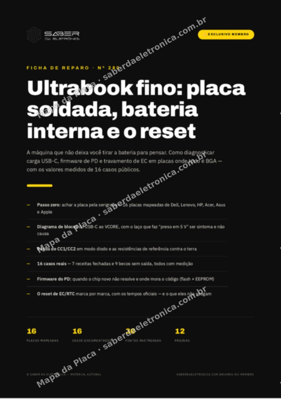 Capa da Ficha de Reparo Nº 280: Ultrabook fino — placa soldada, sem bateria removível e o reset — Ficha de Reparo da placa