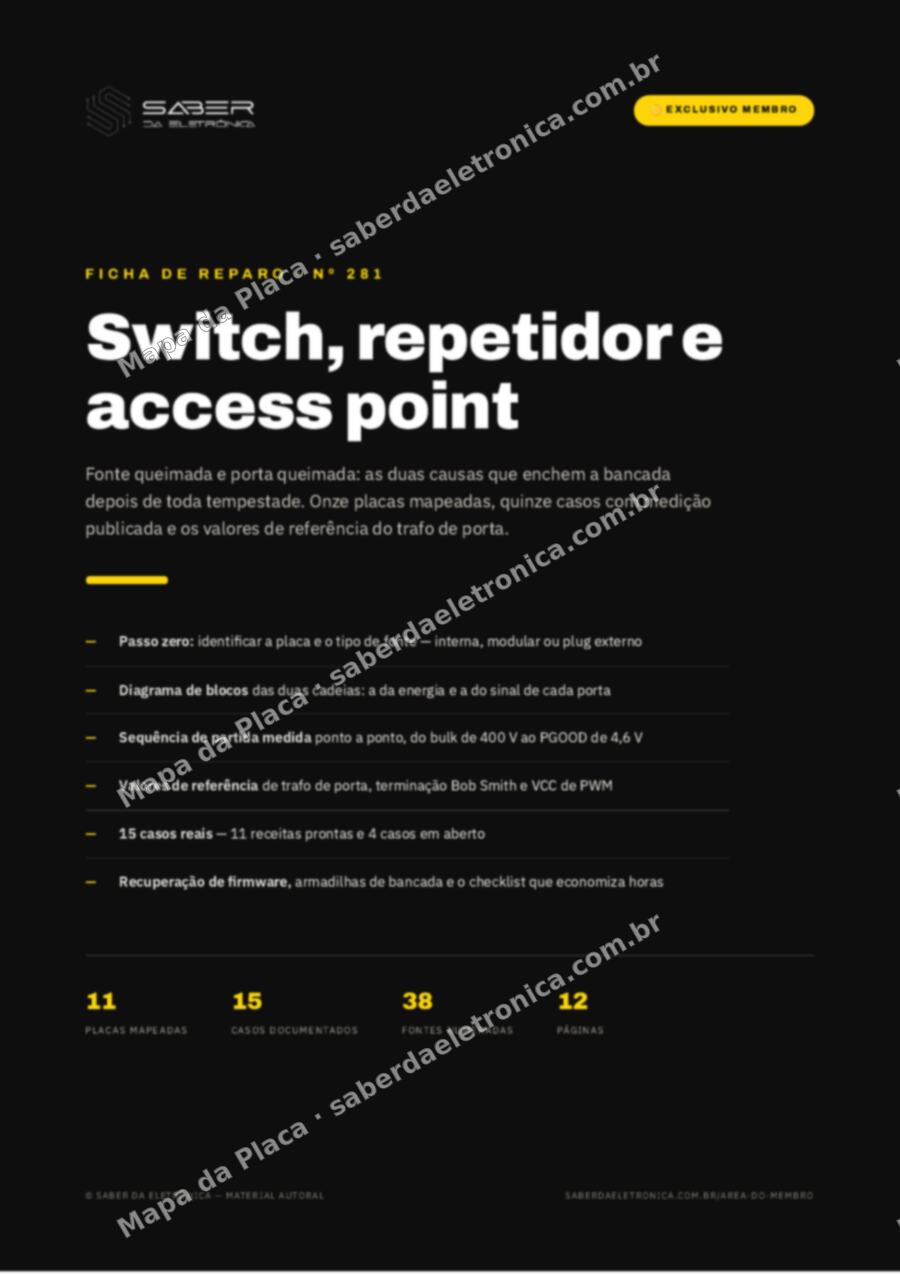 Capa da Ficha de Reparo Nº 281: Switch, repetidor e access point — fonte e porta queimada — Ficha de Reparo da placa