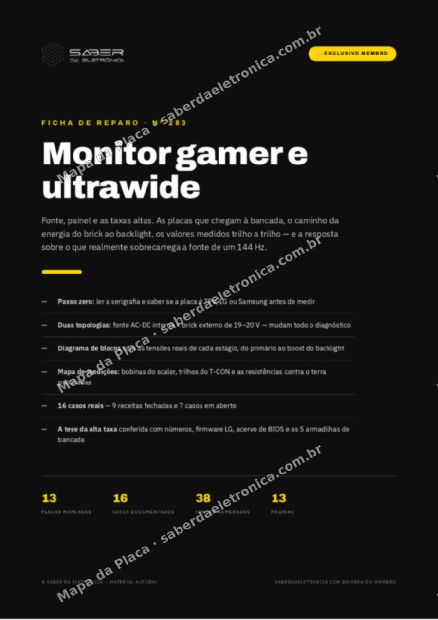 Capa da Ficha de Reparo Nº 283: Monitor gamer e ultrawide — fonte, painel e as taxas altas — Ficha de Reparo da placa