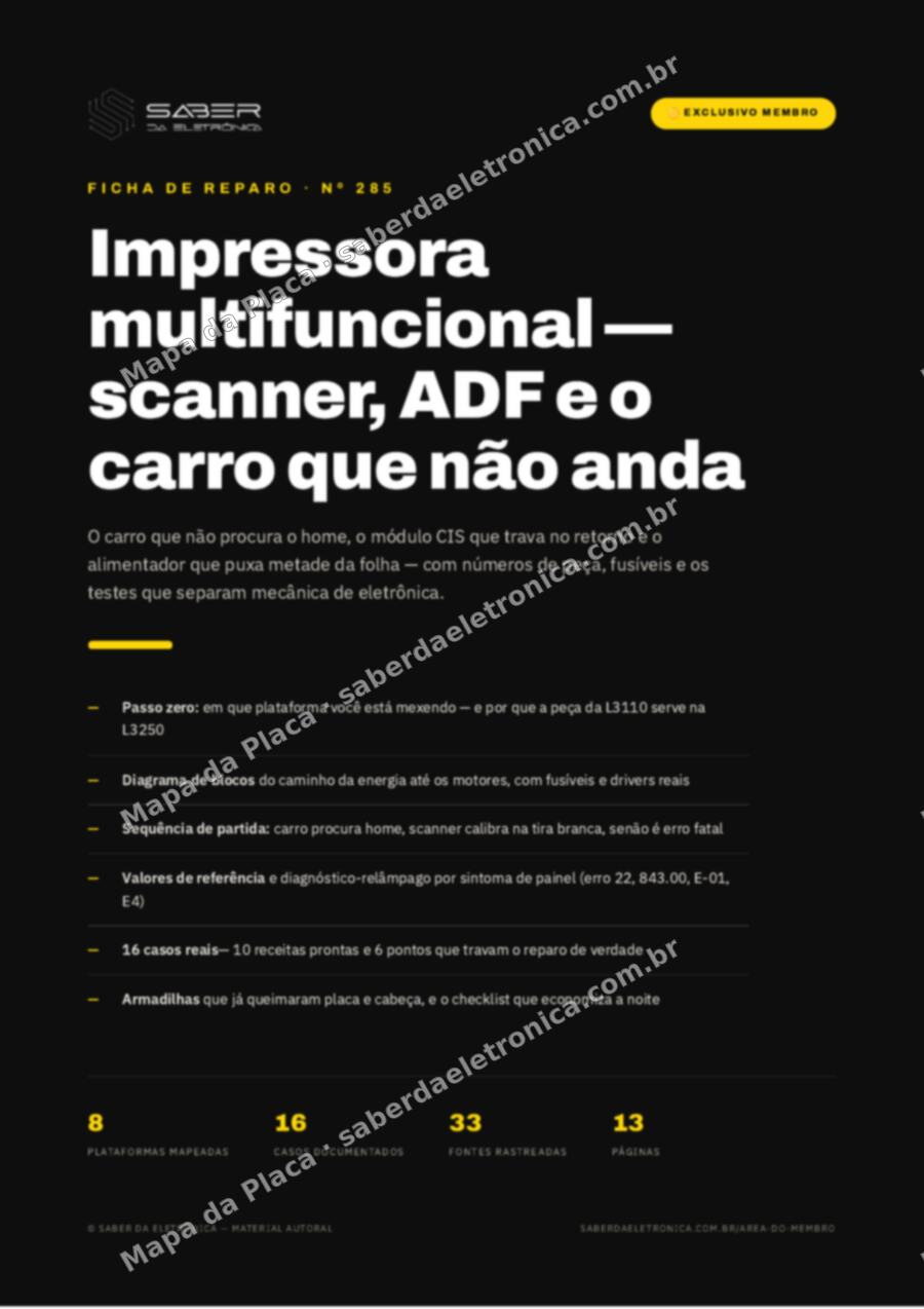 Capa da Ficha de Reparo Nº 285: Impressora multifuncional — scanner, ADF e o carro que não anda — Ficha de Reparo da placa