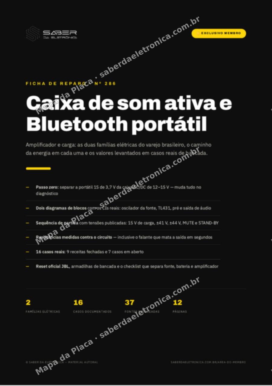 Capa da Ficha de Reparo Nº 286: Caixa de som ativa e Bluetooth portátil — amplificador e carga — Ficha de Reparo da placa