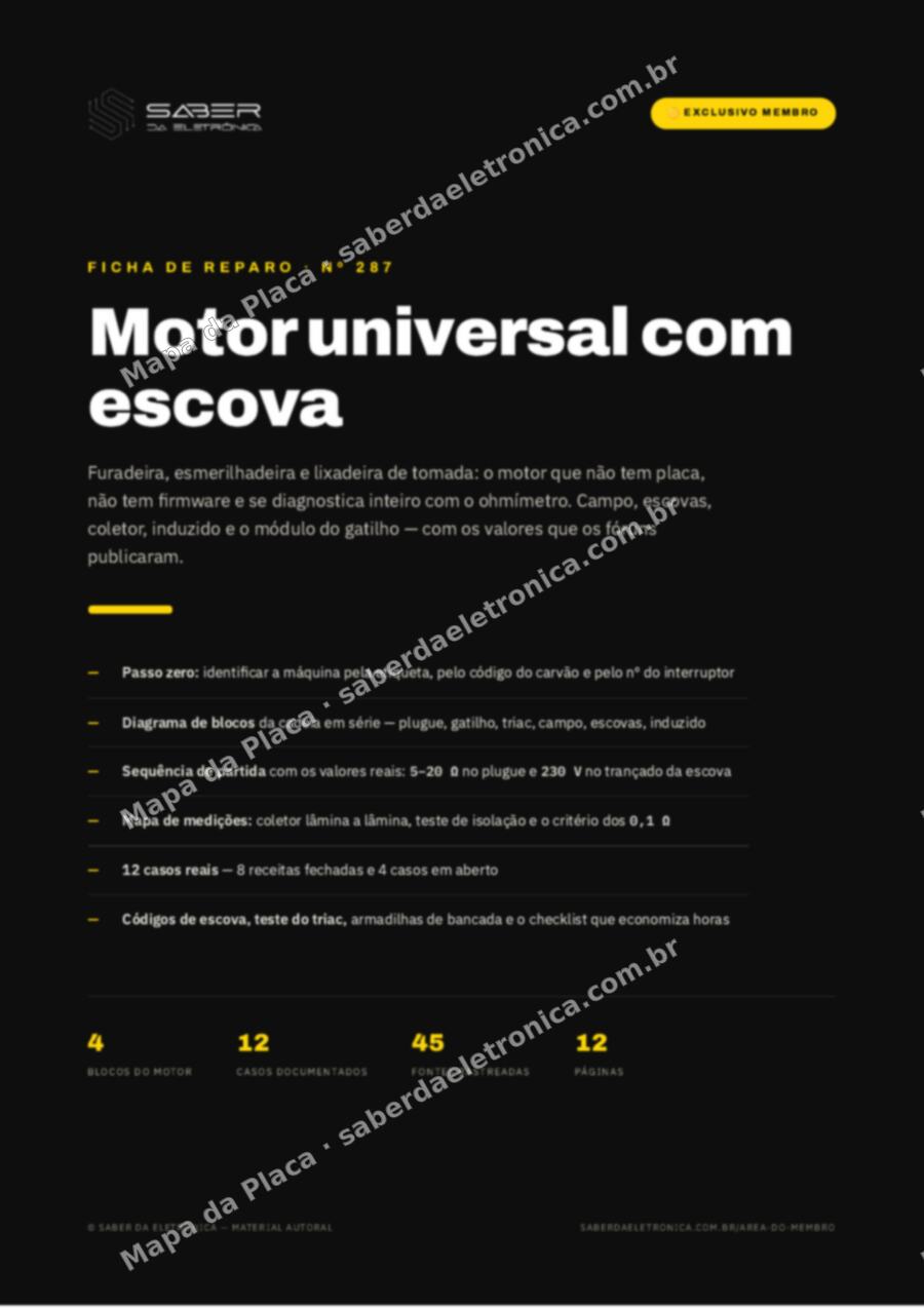 Capa da Ficha de Reparo Nº 287: Motor universal com escova — furadeira, esmerilhadeira e lixadeira — Ficha de Reparo da placa