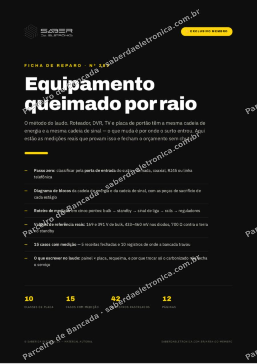 Capa da Ficha de Reparo Nº 289: Equipamento queimado por raio — o método do laudo — Ficha de Reparo da placa