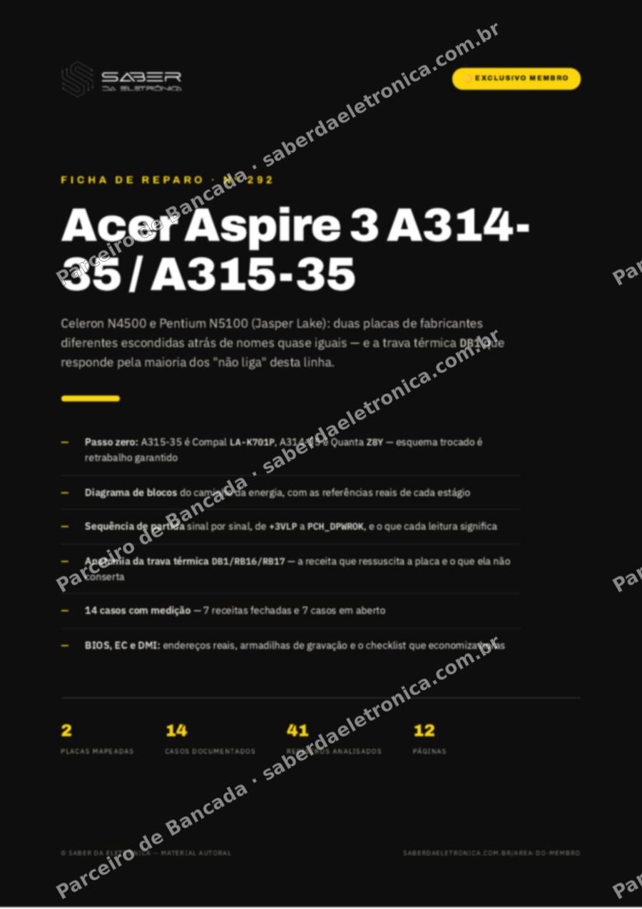 Capa da Ficha de Reparo Nº 292: Acer Aspire 3 A314-35 / A315-35 (Celeron N4500 / N5100) — Ficha de Reparo da placa