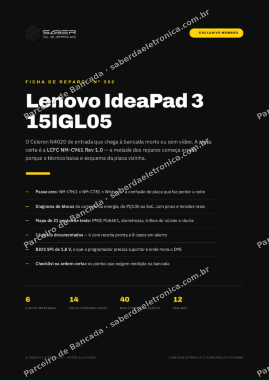 Capa da Ficha de Reparo Nº 302: Lenovo IdeaPad 3 15IGL05 (Celeron N4020) — Ficha de Reparo da placa