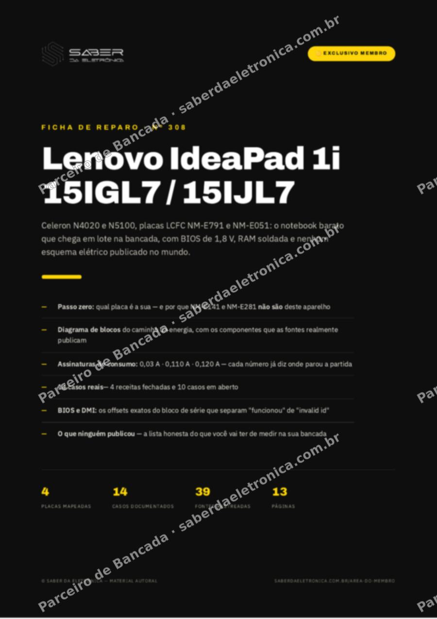 Capa da Ficha de Reparo Nº 308: Lenovo IdeaPad 1i 15IGL7 / 15IJL7 (Celeron N4020 / N5100) — Ficha de Reparo da placa