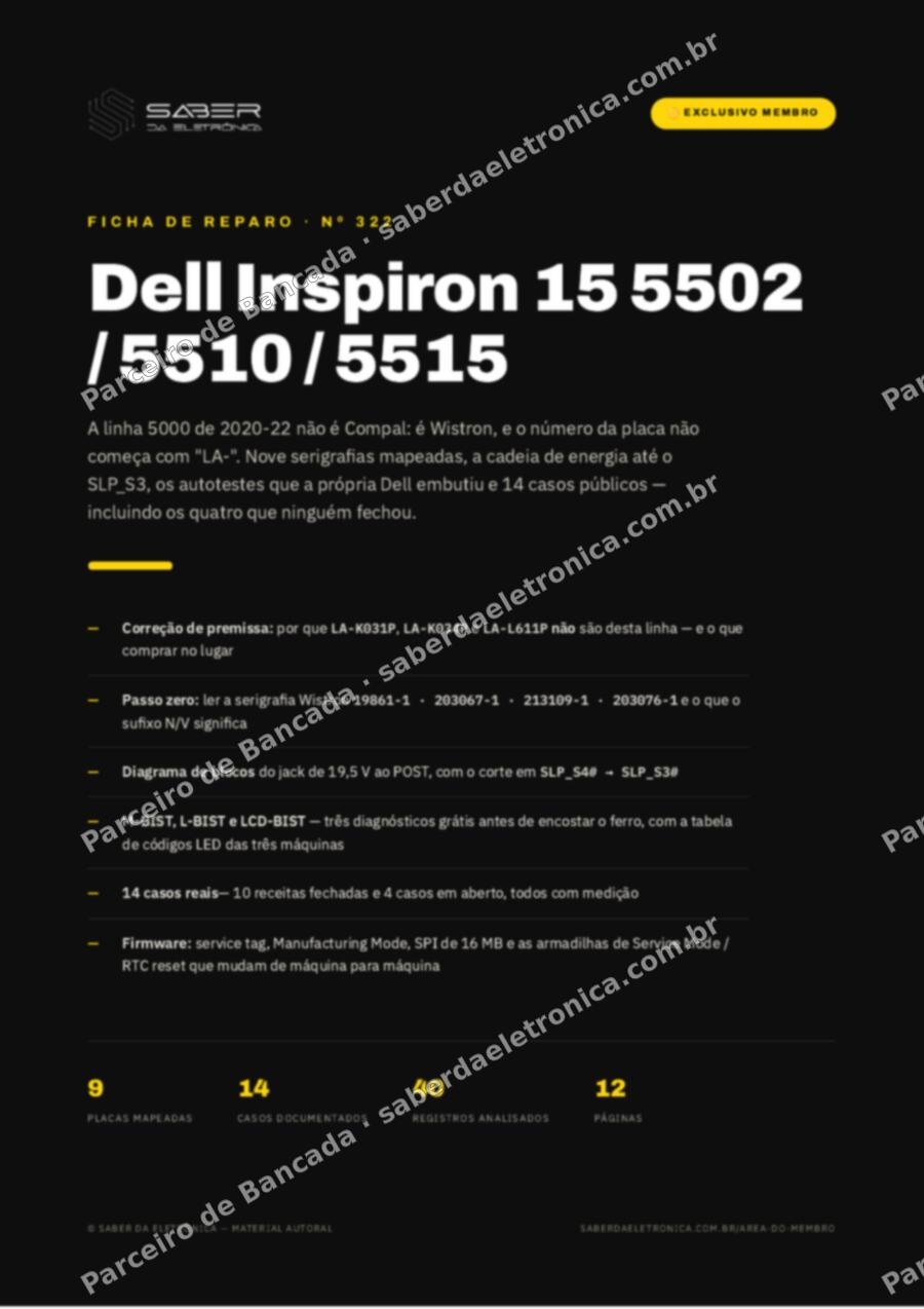 Capa da Ficha de Reparo Nº 322: Dell Inspiron 15 5502 / 5510 / 5515 (a linha 5000 de 2020-22) — Ficha de Reparo da placa