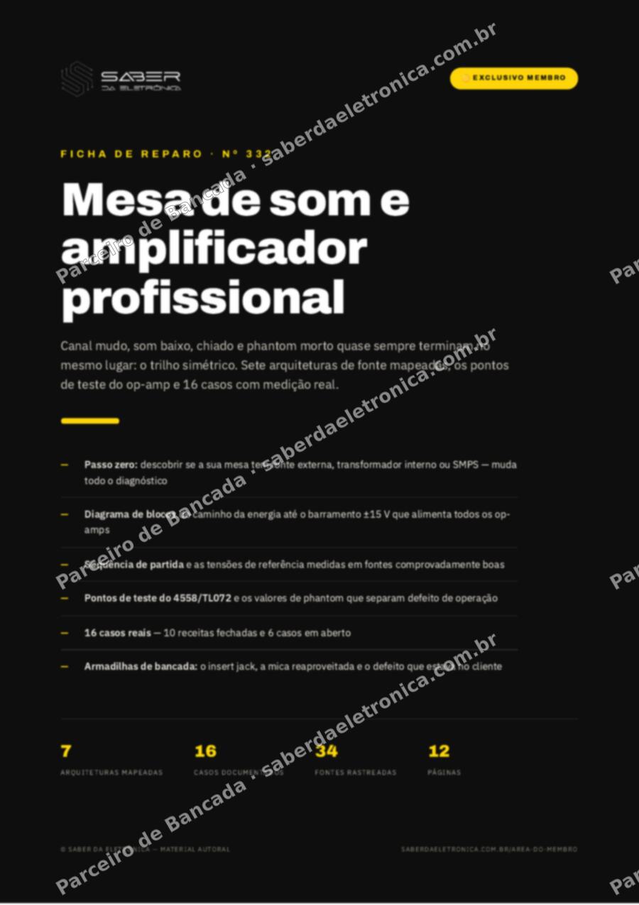 Capa da Ficha de Reparo Nº 332: Mesa de som e amplificador profissional — canal mudo e a fonte simétrica — Ficha de Reparo da placa