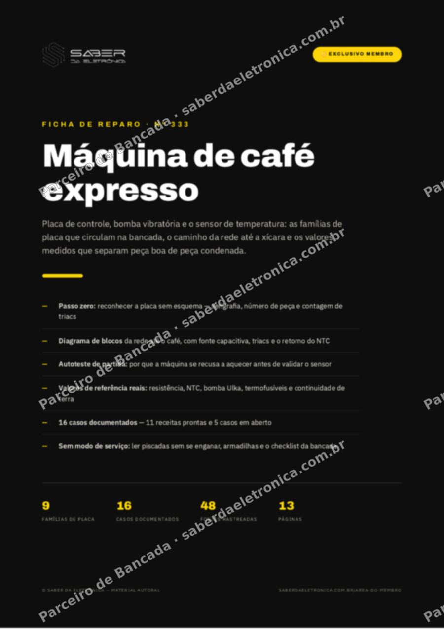 Capa da Ficha de Reparo Nº 333: Máquina de café expresso — placa, bomba e o sensor de temperatura — Ficha de Reparo da placa