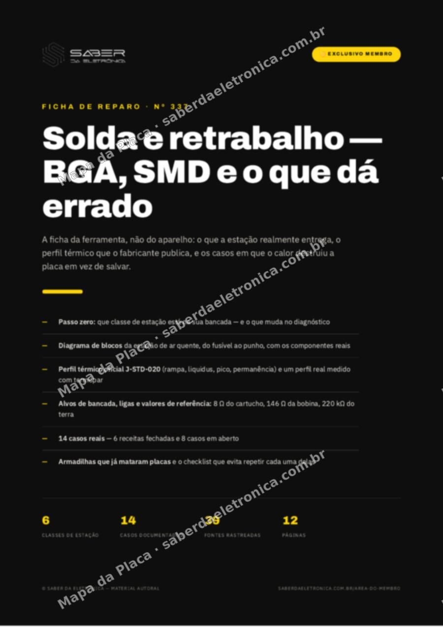 Capa da Ficha de Reparo Nº 337: Solda e retrabalho — BGA, componente SMD e o que dá errado — Ficha de Reparo da placa