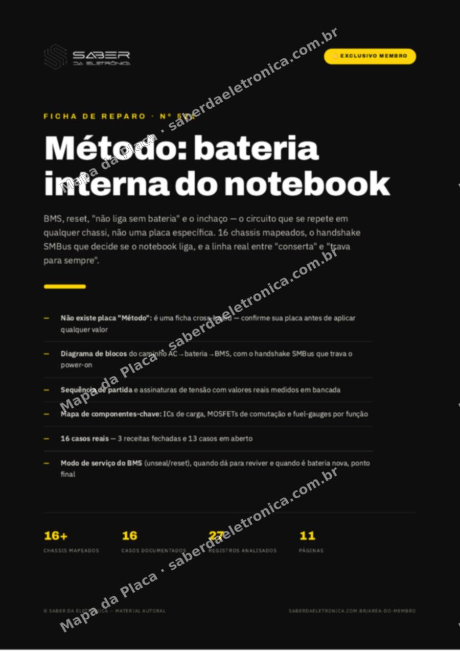 Capa da Ficha de Reparo Nº 521: Método: bateria interna do notebook — BMS, reset, ‘não liga sem bateria’ e o inchaço — Ficha de Reparo da placa